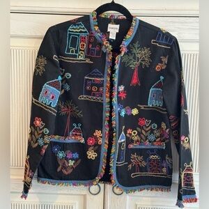 CHICOS Womens Black Jacket with Embroidery, Size 0